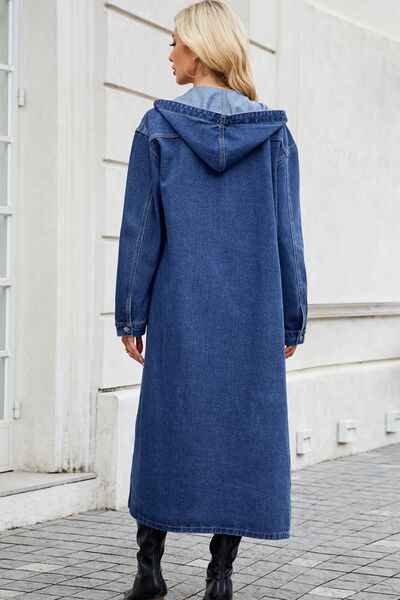 Button Up Long Sleeve Longline Hooded Denim Outerwear - Damned Threads