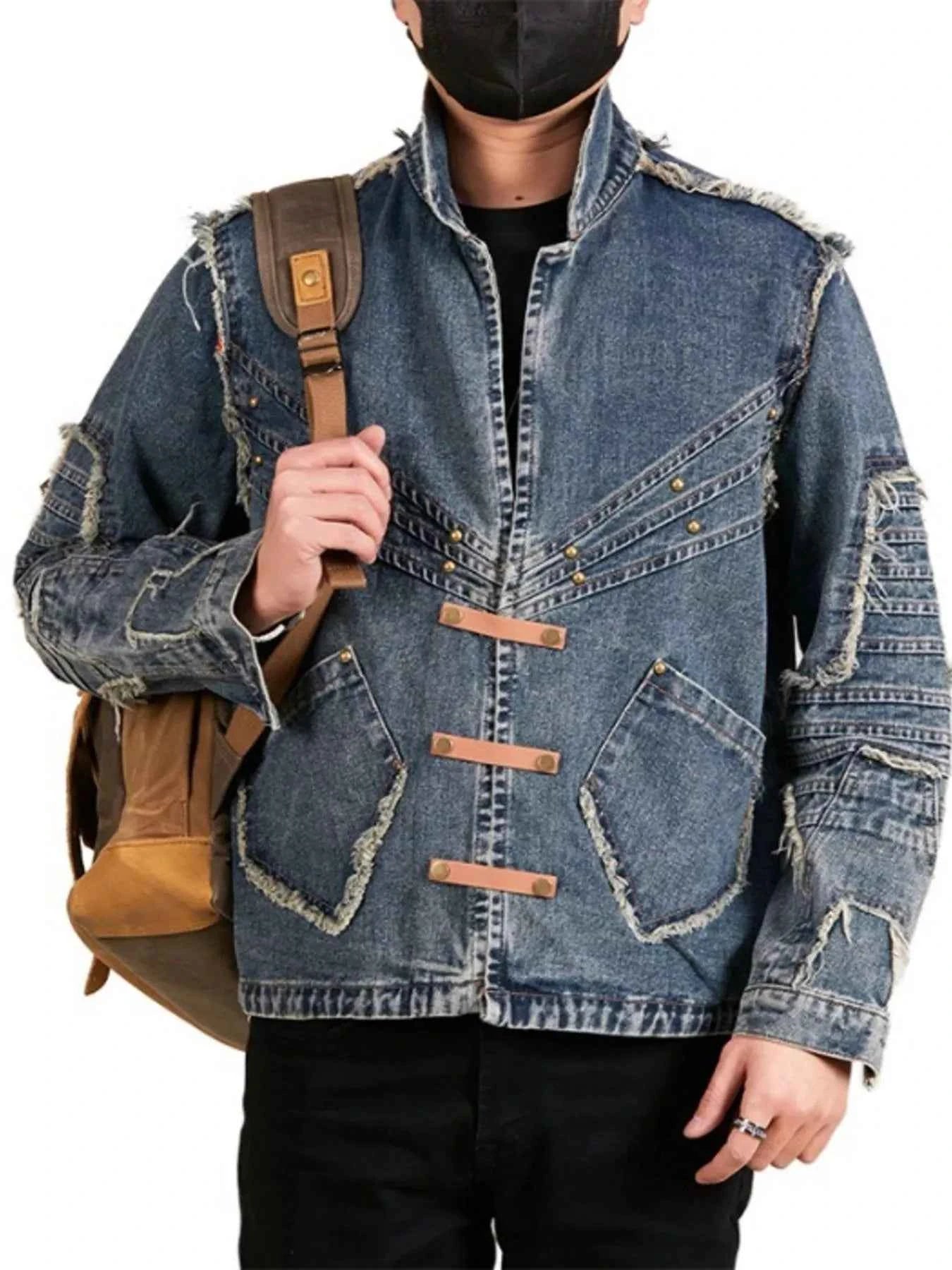 Men's Plus Size Studded Denim Jacket with Frayed Details