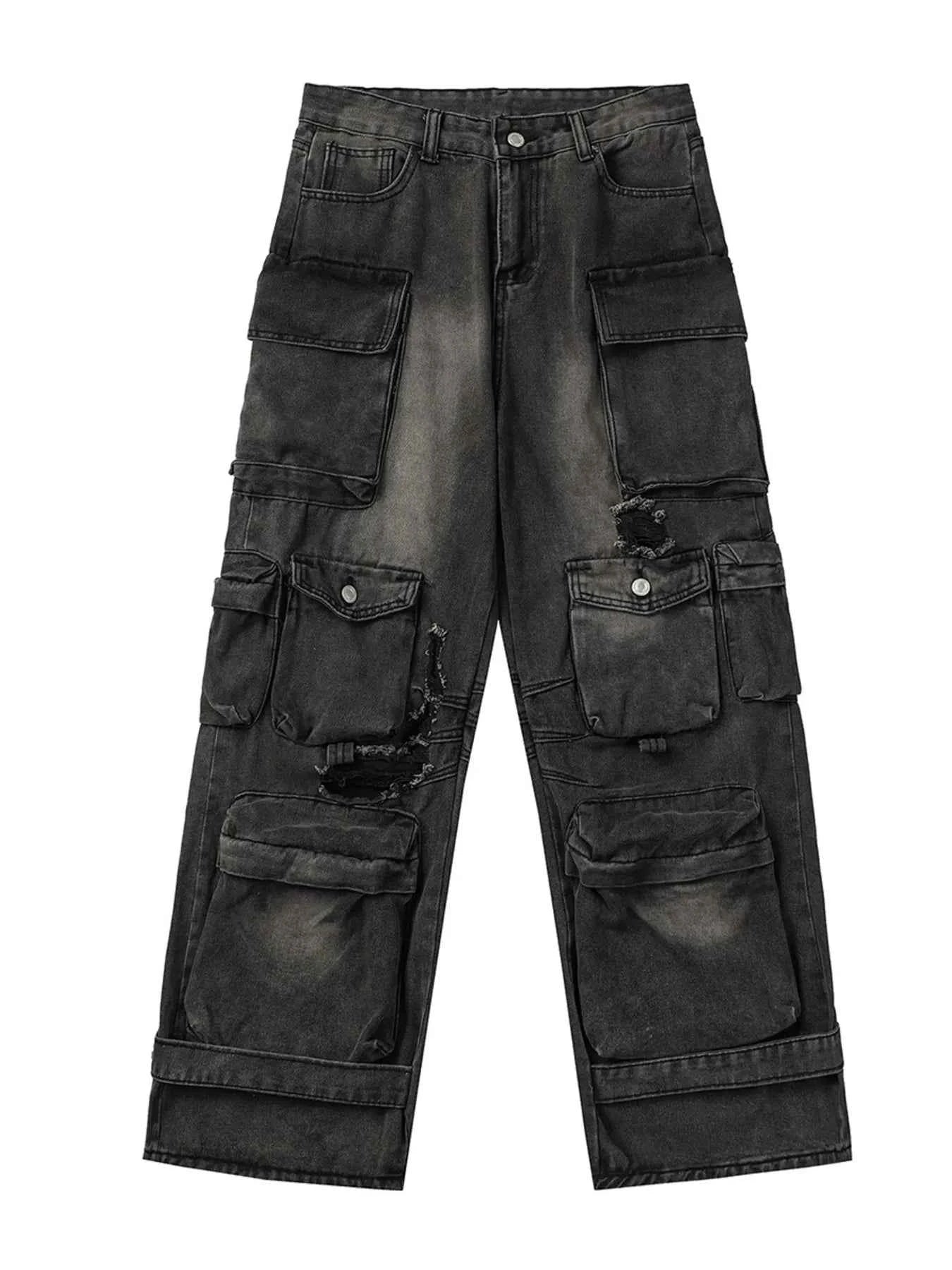Men's Distressed Washed Cargo Jeans with Multi-Pockets