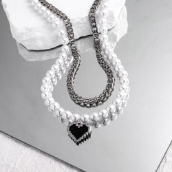 Double-Layer Chain & Pearl Heart Pendant Necklace - Damned Threads