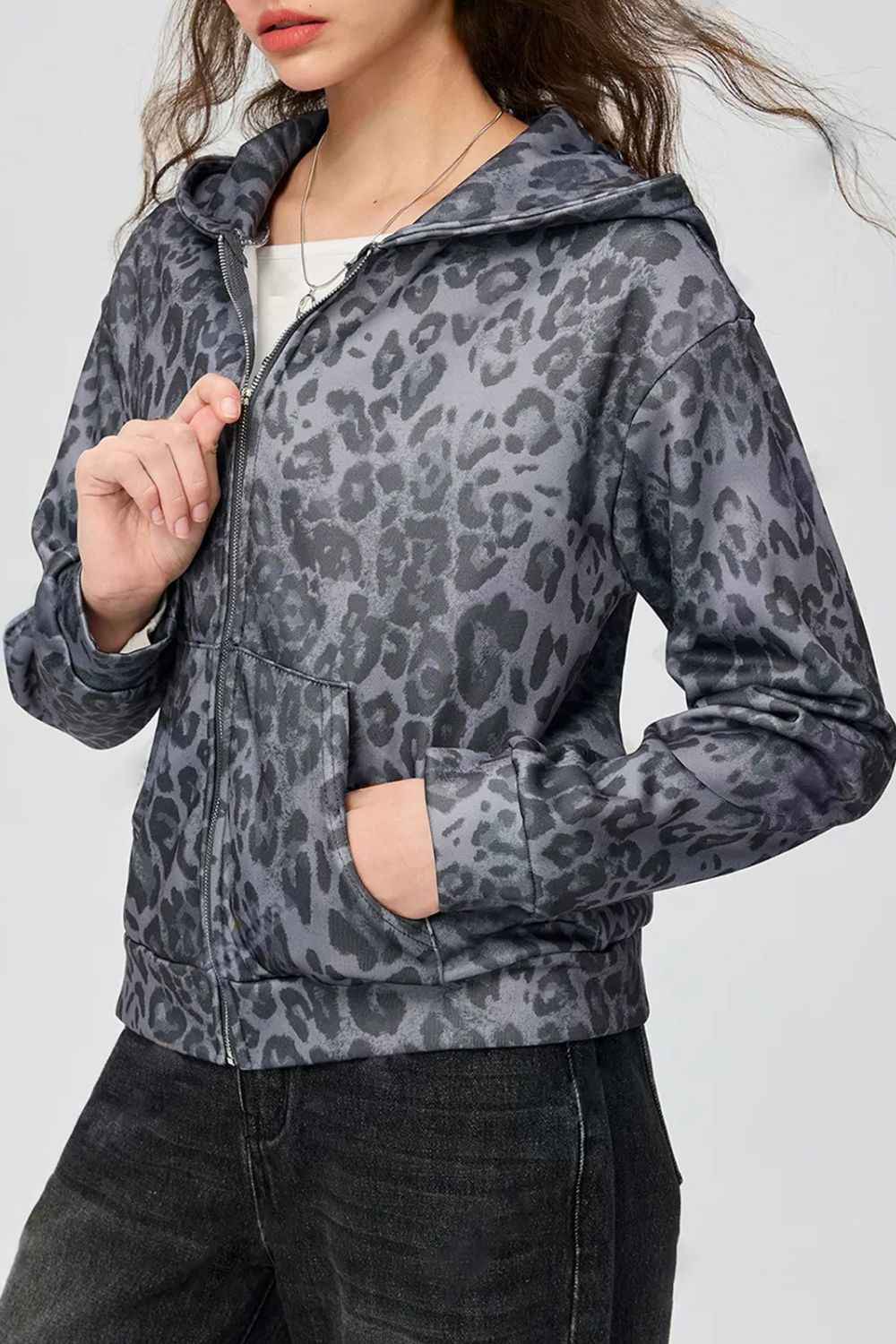 Pocketed Leopard Zip Up Hooded Jacket - Damned Threads