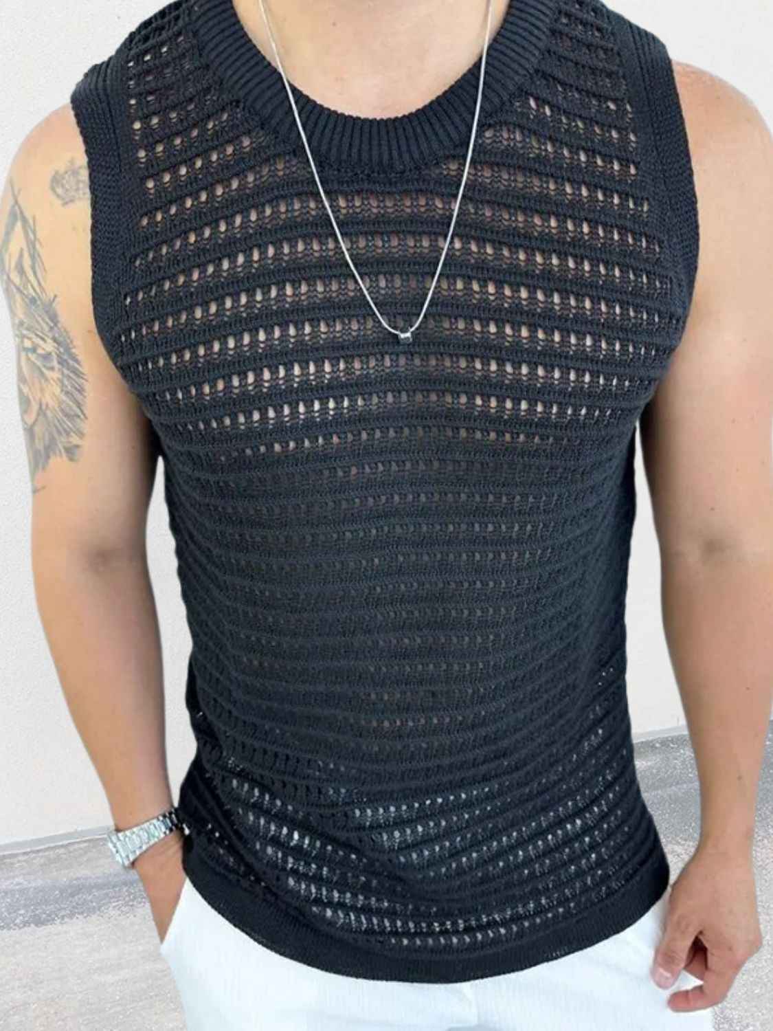 Men's Round Neck Hollow Out Sleeveless Knit Top - Damned Threads