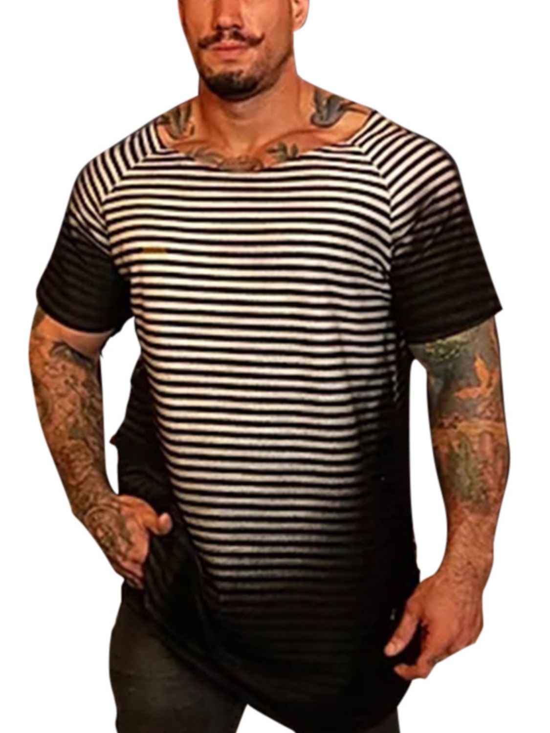 Men's Full Size Round Neck Short Sleeve Striped T-Shirt Plus Size - Damned Threads