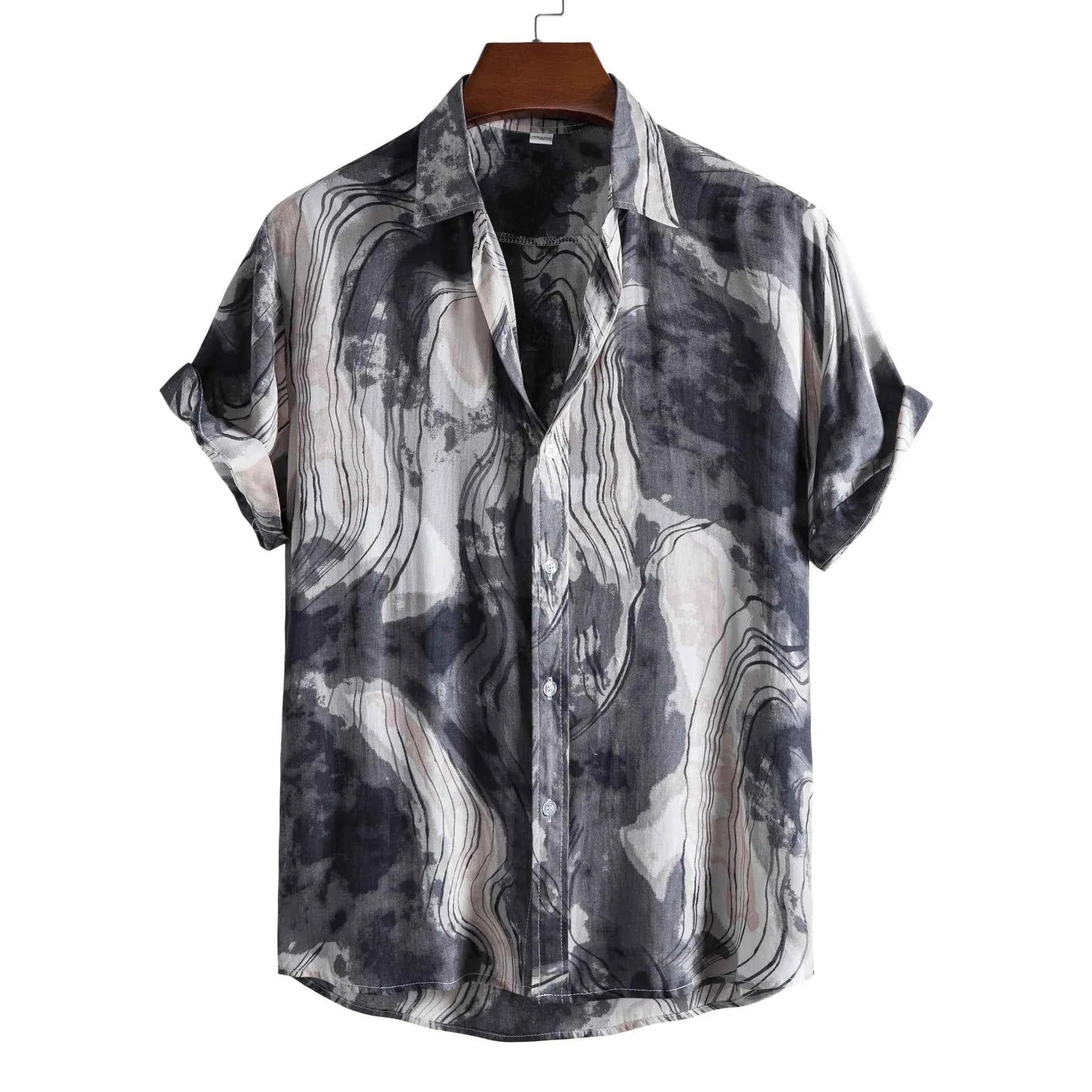 Men's Plus Size Abstract Marble Print Short Sleeve Button-Up Shirt