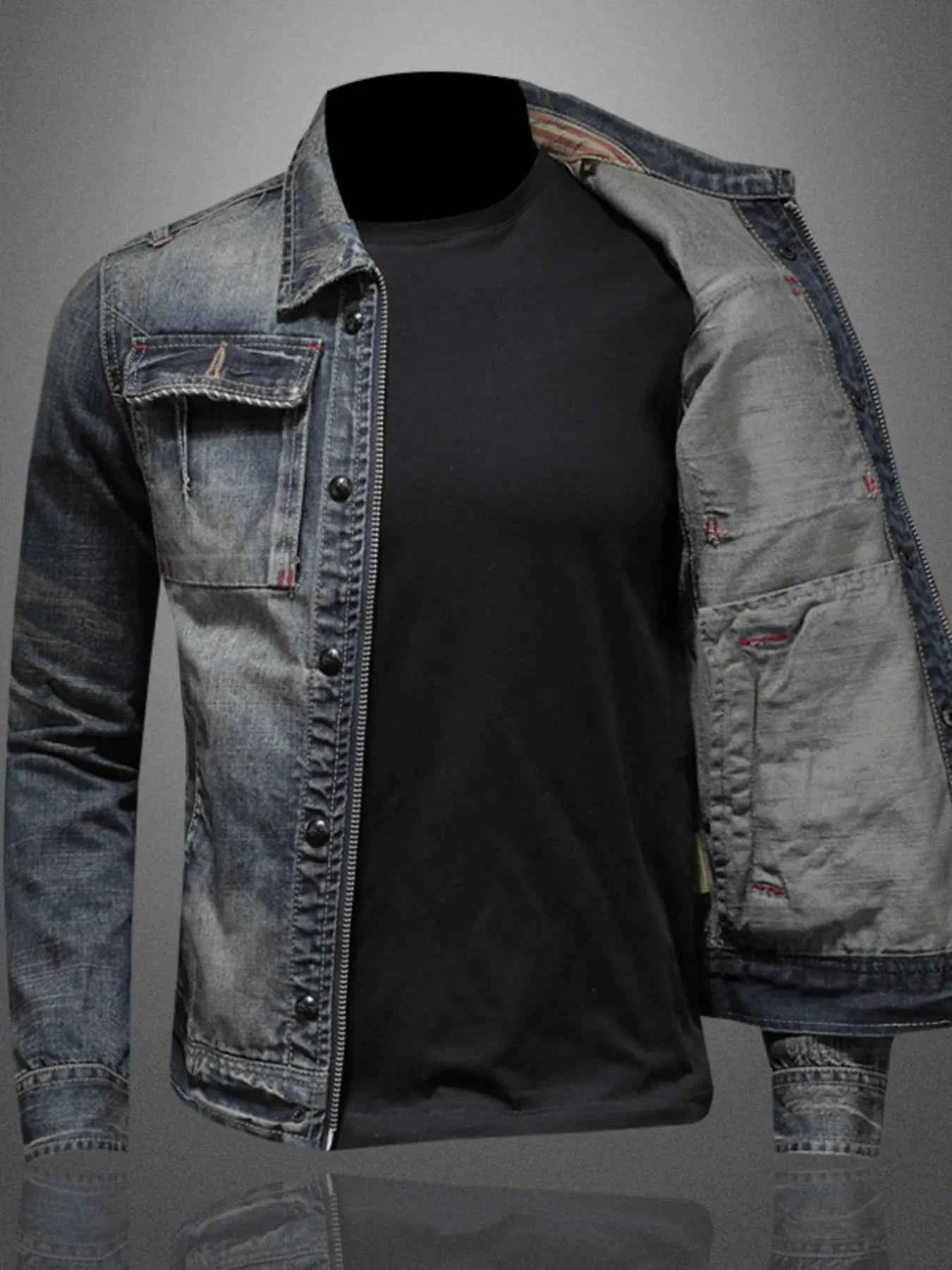 Men's Plus Size Washed Zip Up Denim Jacket with Chest Pockets