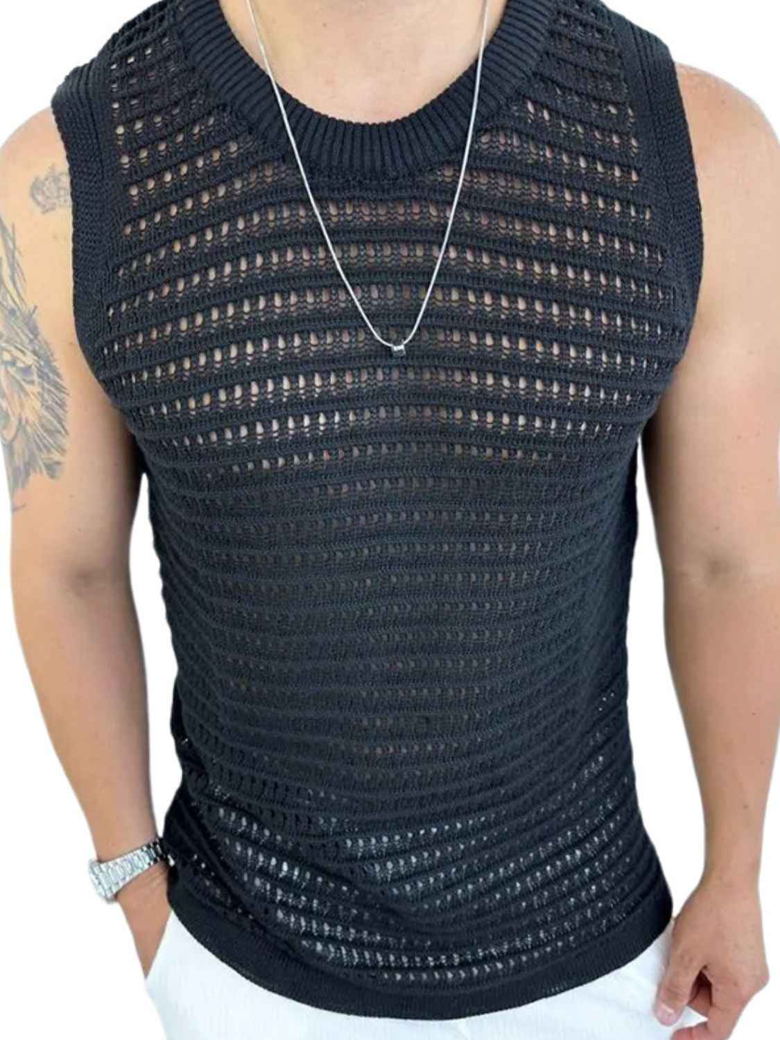Men's Round Neck Hollow Out Sleeveless Knit Top - Damned Threads
