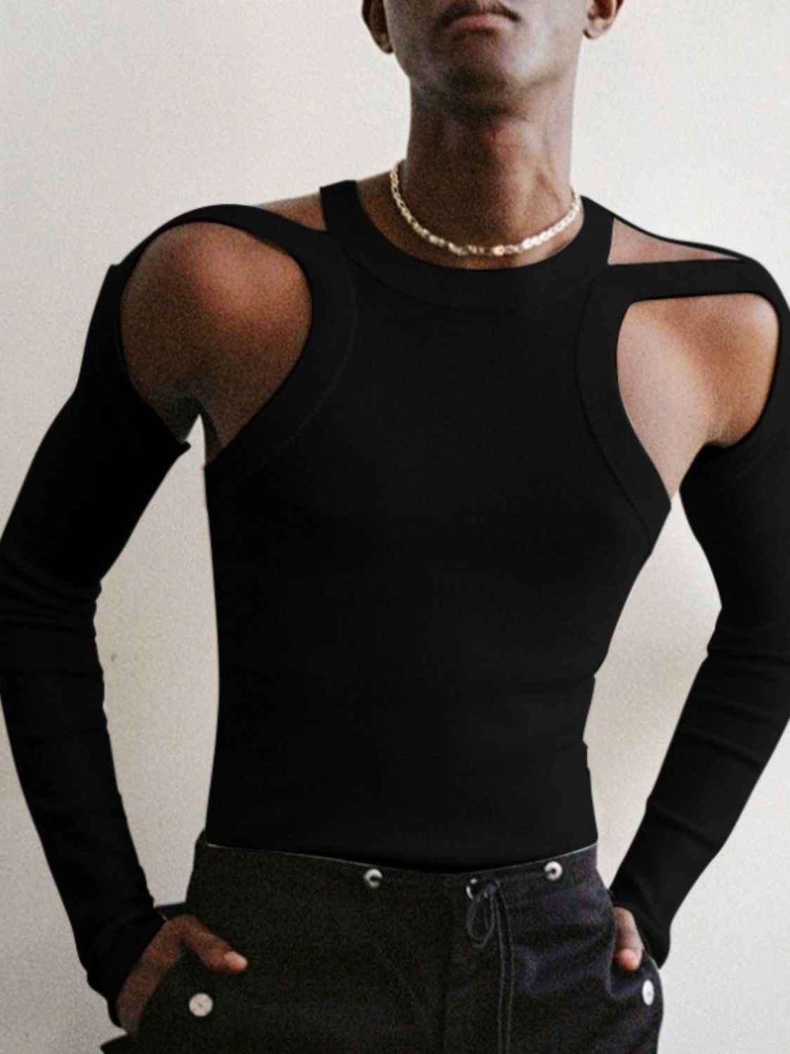 Men's Full Size Cutout Round Neck Long Sleeve Top Plus Size - Damned Threads