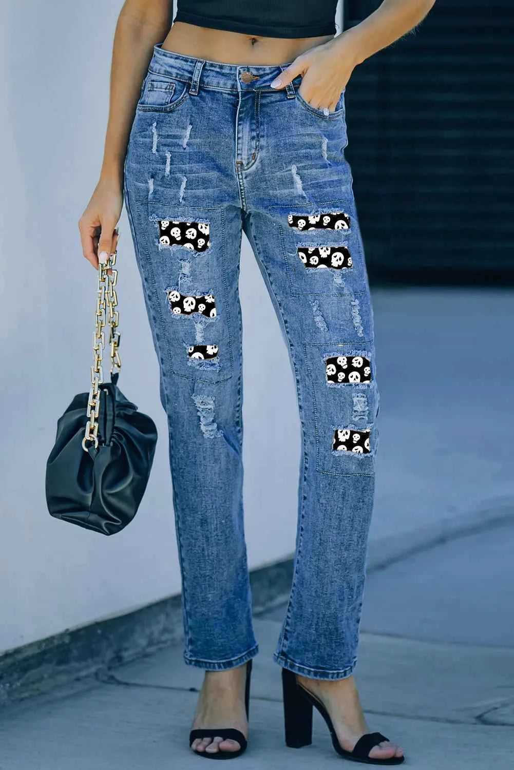 Distressed Skeleton Pattern Jeans with Pockets - Damned Threads