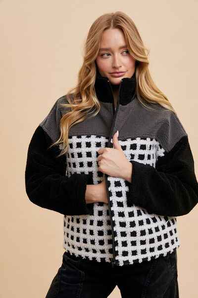 Annie Wear Plaid Zip Up Drop Shoulder Sherpa Jacket - Damned Threads