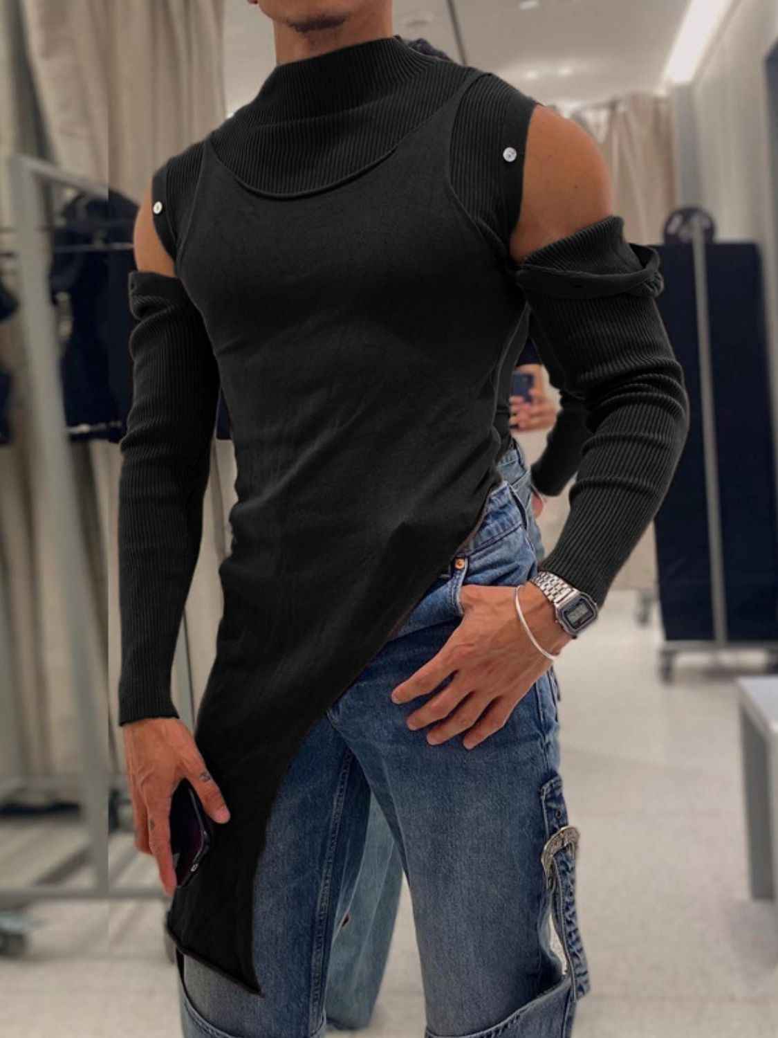 Men's Asymmetrical Mock Neck Cold Shoulder Top - Damned Threads