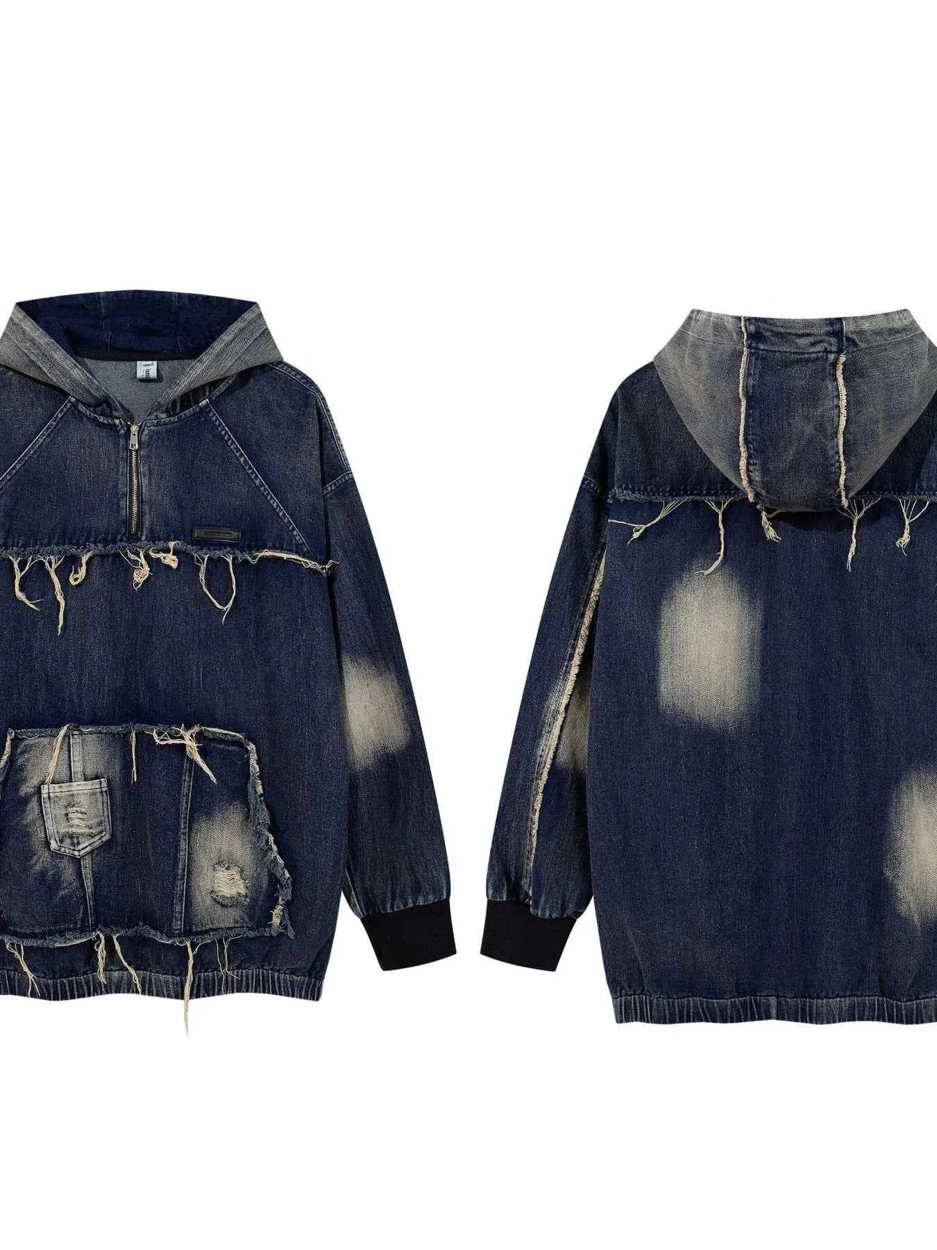 Men's Distressed Denim Patchwork Oversized Hoodie with Frayed Details