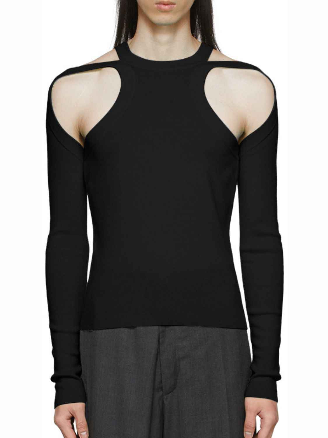 Men's Full Size Cutout Round Neck Long Sleeve Top Plus Size - Damned Threads