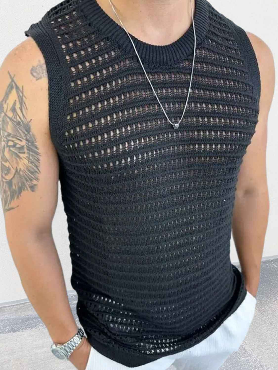 Men's Round Neck Hollow Out Sleeveless Knit Top - Damned Threads