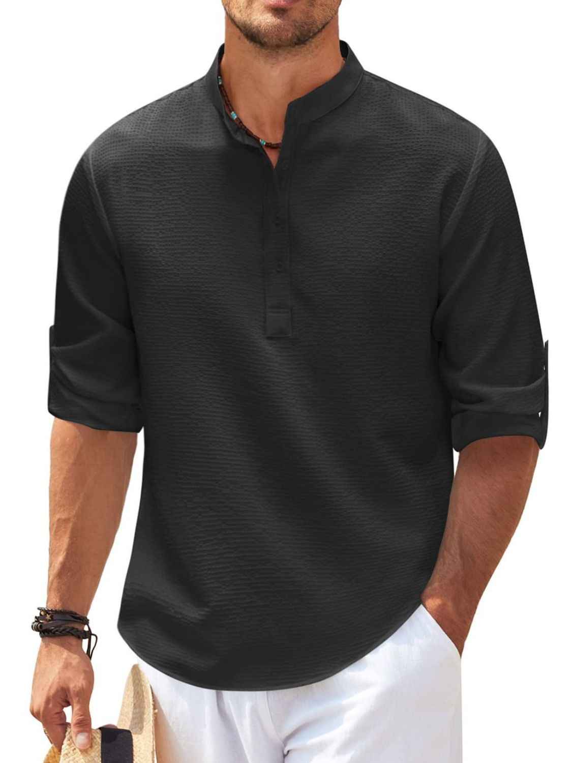 Men's Full Size Half Button Long Sleeve Shirt Plus Size - Damned Threads