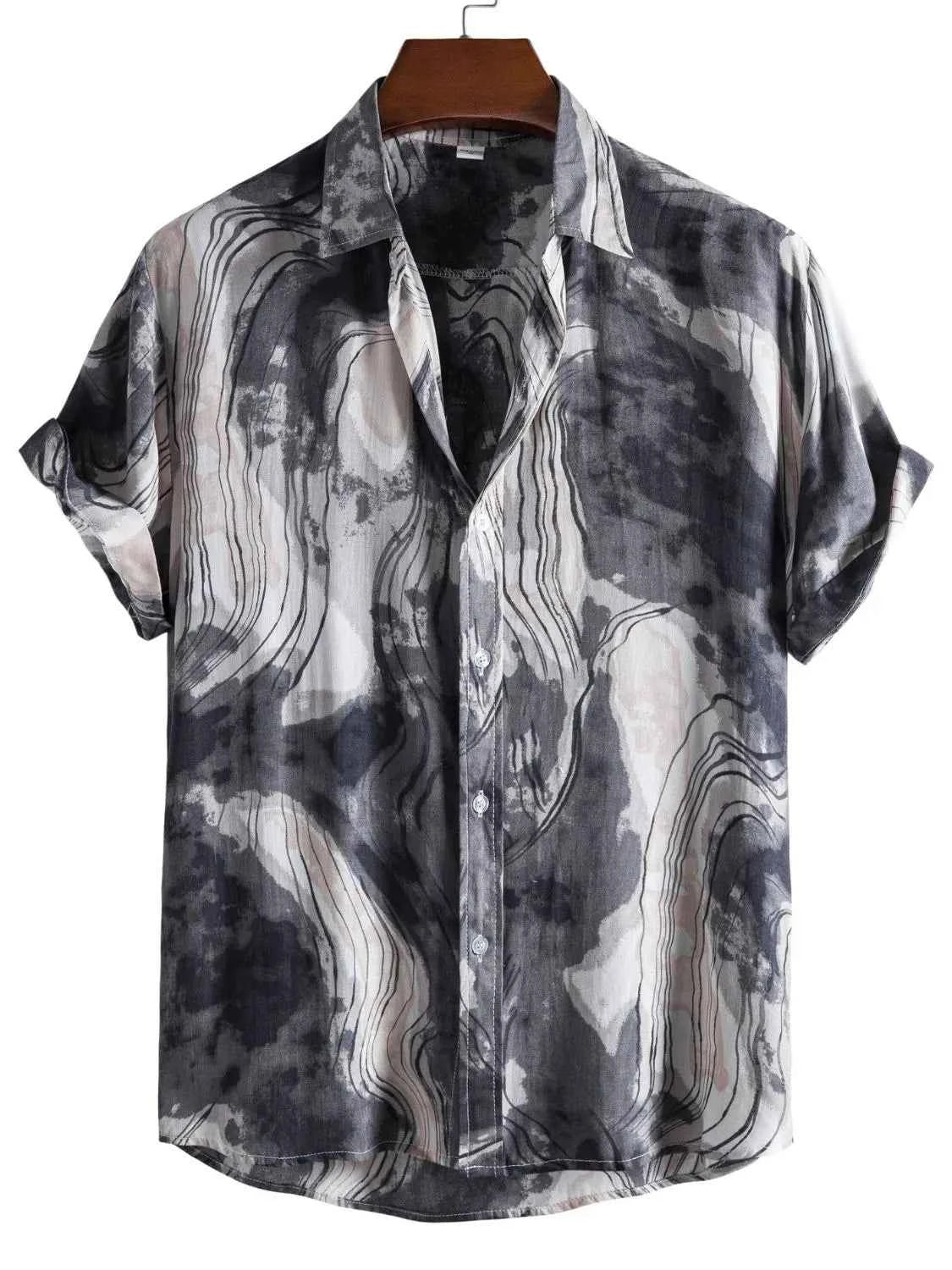 Men's Plus Size Abstract Marble Print Short Sleeve Button-Up Shirt