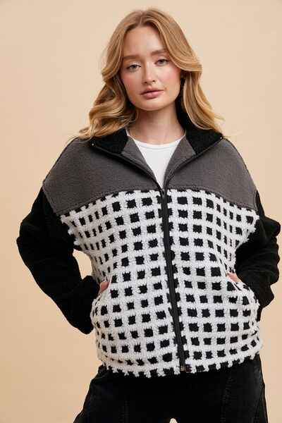 Annie Wear Plaid Zip Up Drop Shoulder Sherpa Jacket - Damned Threads