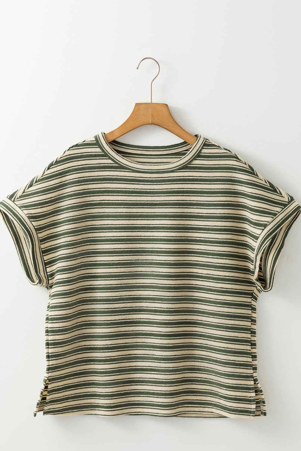 Stripe Textured Side Slit Crew Neck T-Shirt - Damned Threads