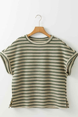 Stripe Textured Side Slit Crew Neck T-Shirt - Damned Threads