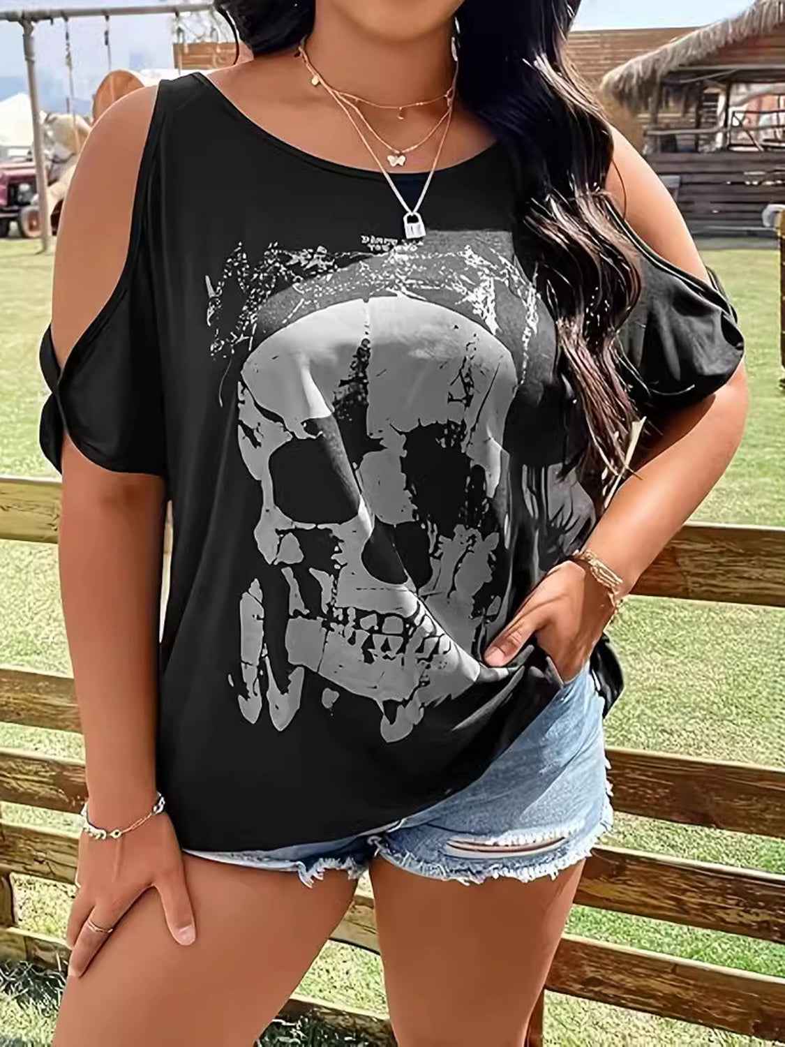 Plus Size Skeleton Graphic Round Neck Cold Shoulder T-Shirt - Damned Threads