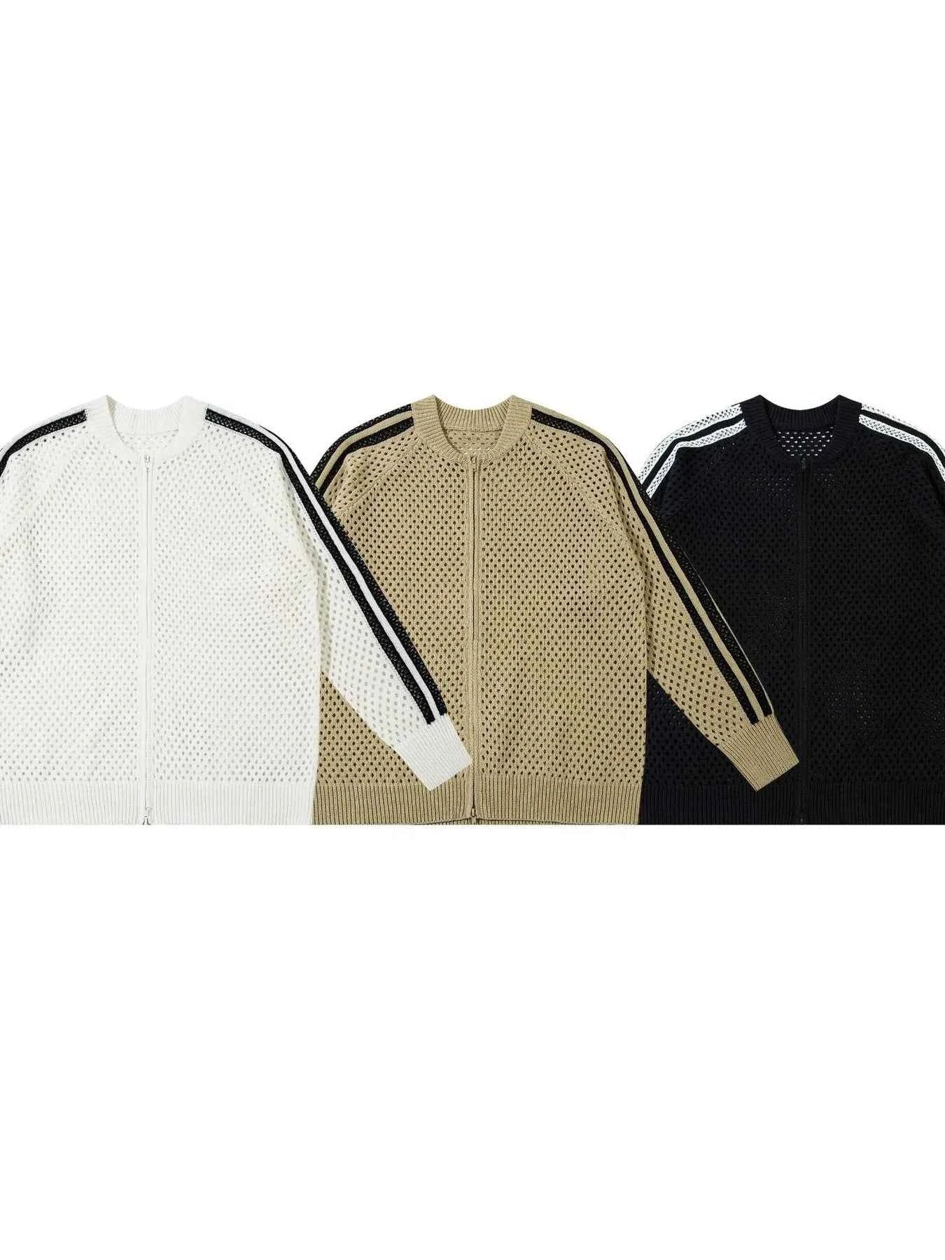 Men's Mesh Knit Zip-Up Cardigan with Stripe Detail