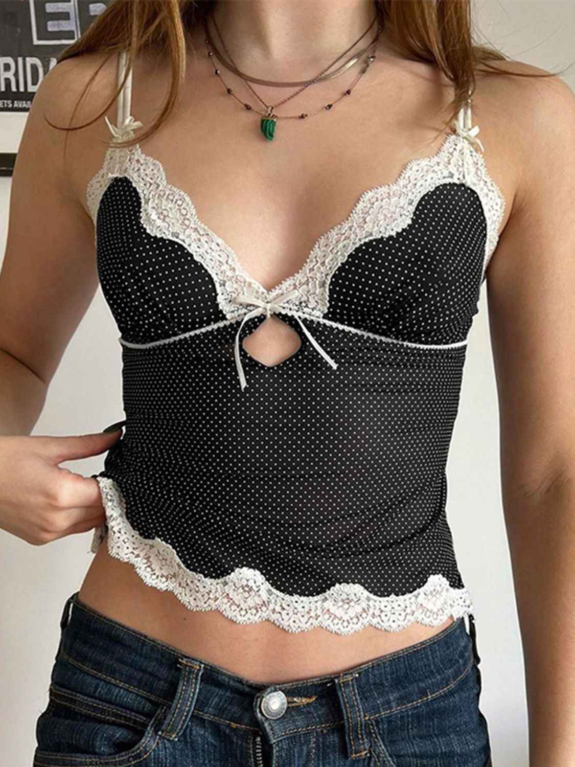 Devine Lace Detail Polka Dot V-Neck Cami - Damned Threads