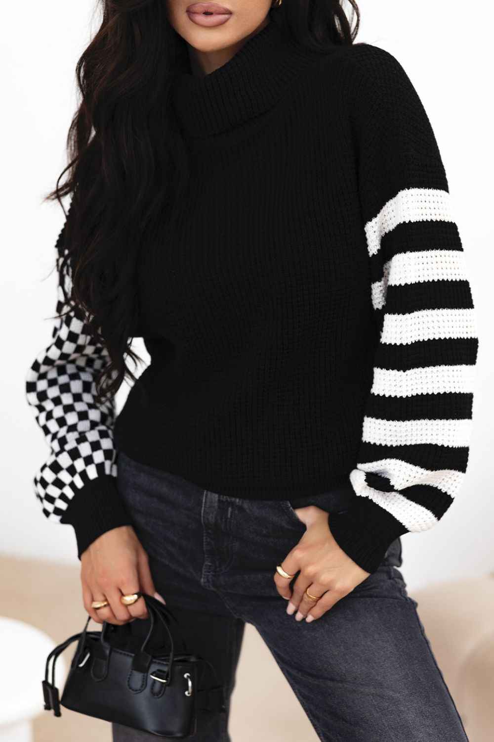 Striped & Checkered Turtleneck Dropped Shoulder Sweater - Damned Threads