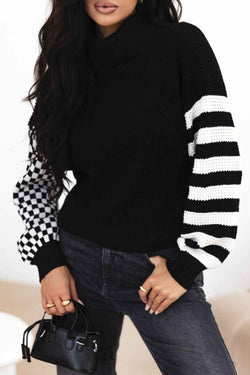 Striped & Checkered Turtleneck Dropped Shoulder Sweater - Damned Threads