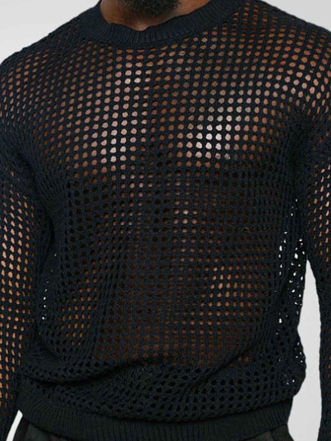 Men's Full Size Fishnet Round Neck Long Sleeve Top Plus Size - Damned Threads