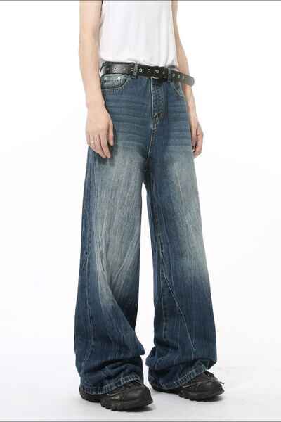Washed Lightning Pattern Wide Leg Jeans - Damned Threads