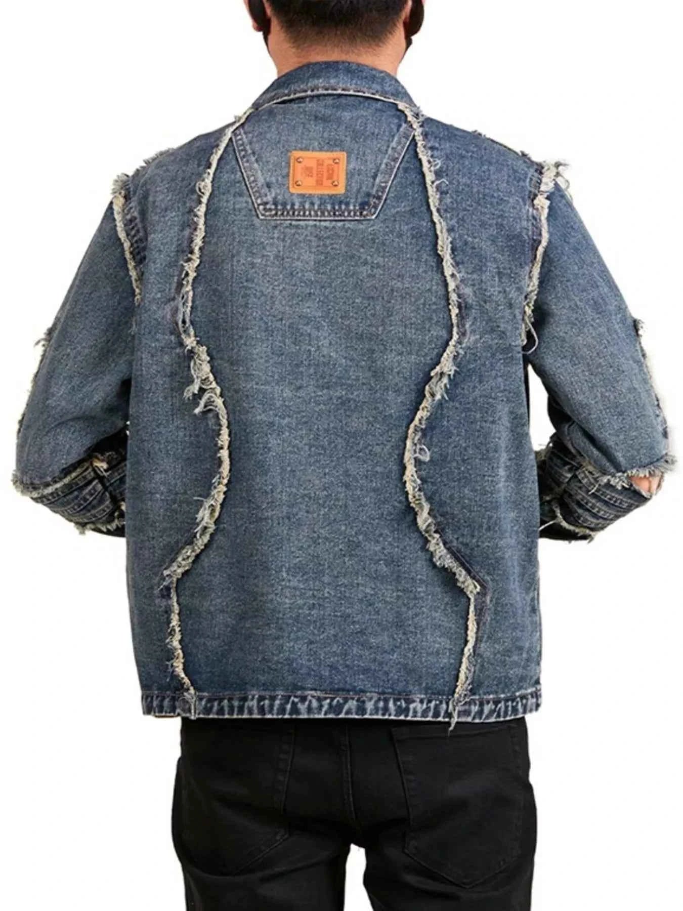 Men's Plus Size Studded Denim Jacket with Frayed Details