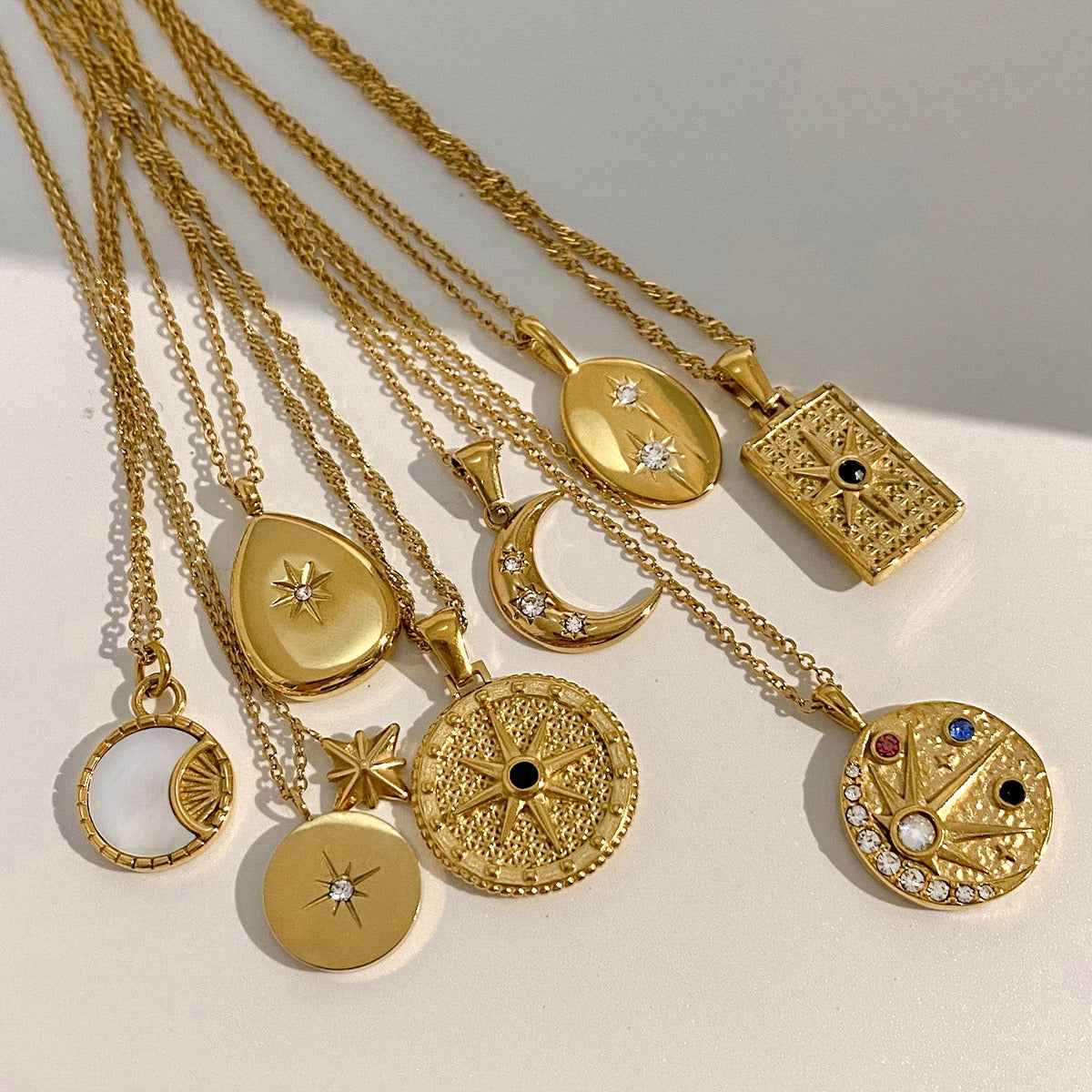 18K Gold Moon And Star Inlaid Gemstone Necklace - Damned Threads