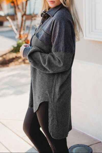 Waffle Knit Button Up Drop Shoulder Jacket - Damned Threads