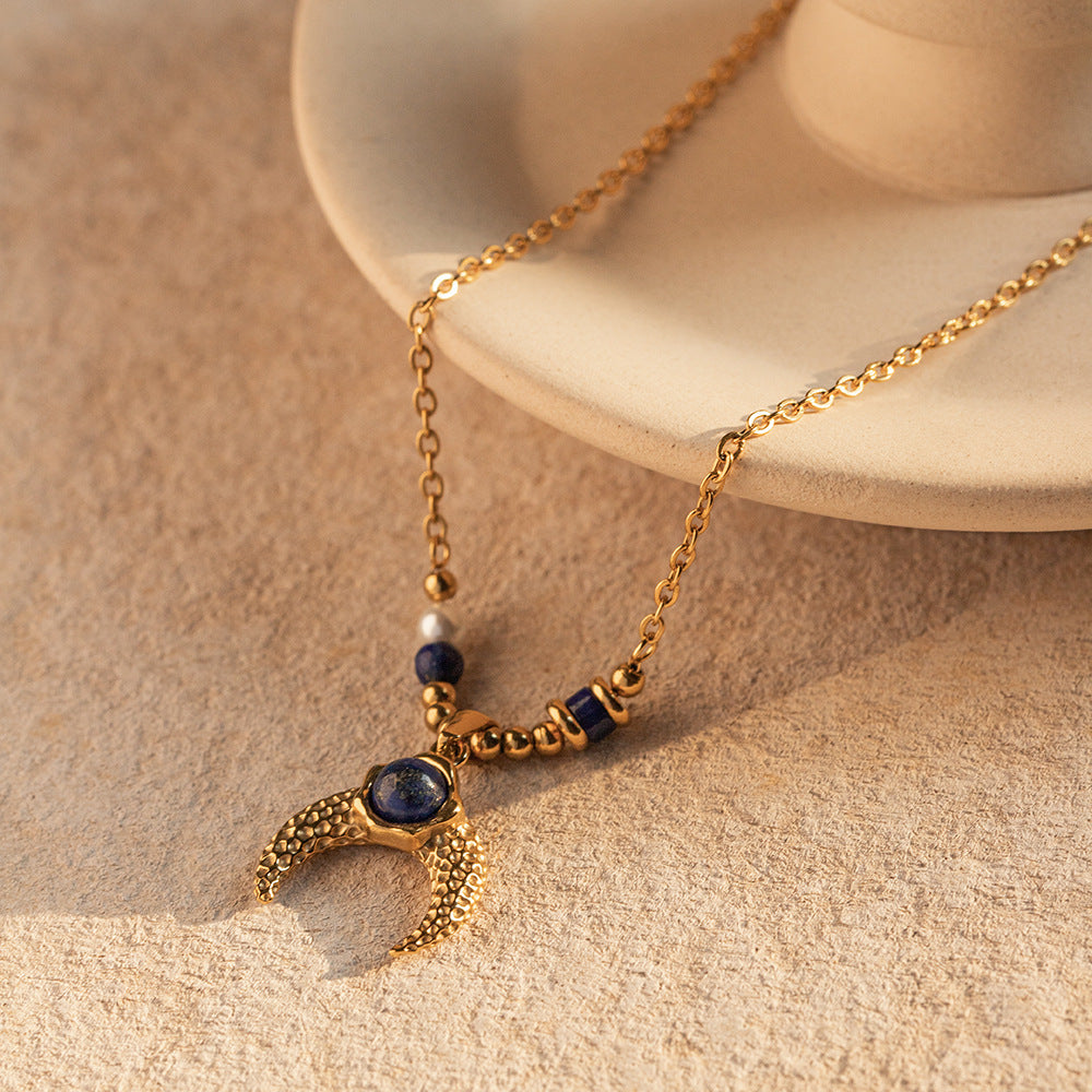 Inlaid Pearl Lapis Lazuli Horn Pendant Necklace - Damned Threads