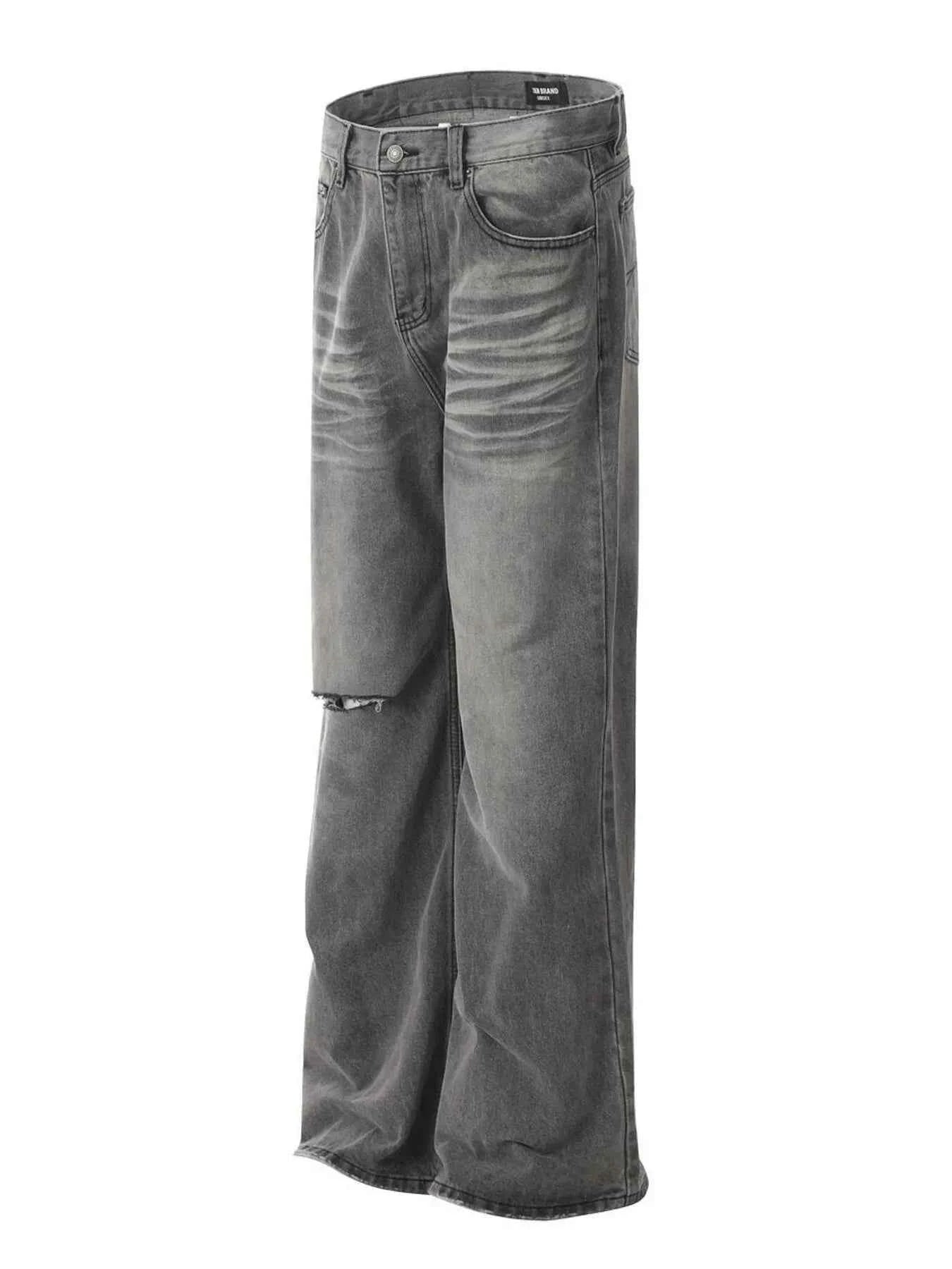 Men's Vintage Washed Distressed Wide-Leg Jeans