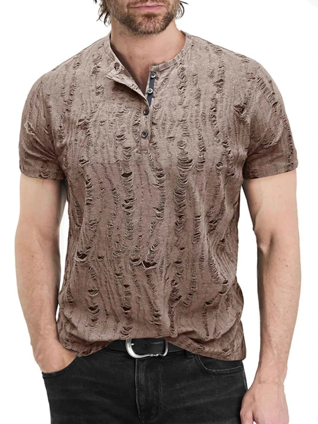 Men's Distressed Henley Short Sleeve Top
