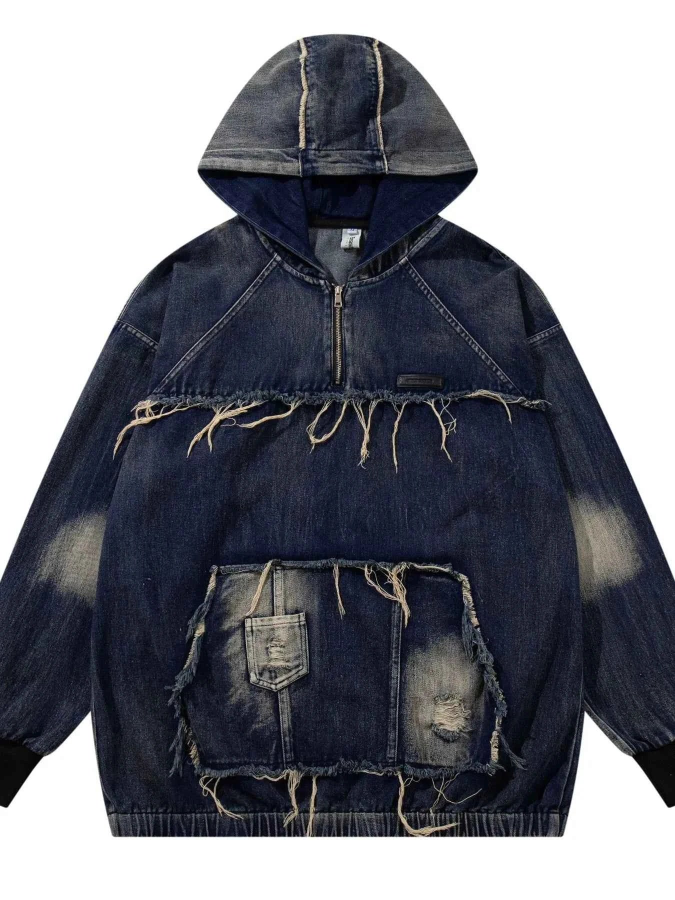 Men's Distressed Denim Patchwork Oversized Hoodie with Frayed Details