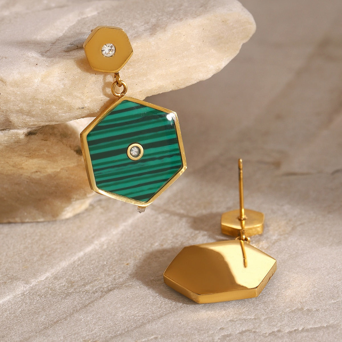 18K Gold Hexagonal Inlaid Stone Earrings - Damned Threads
