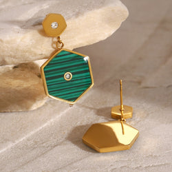 18K Gold Hexagonal Inlaid Stone Earrings - Damned Threads
