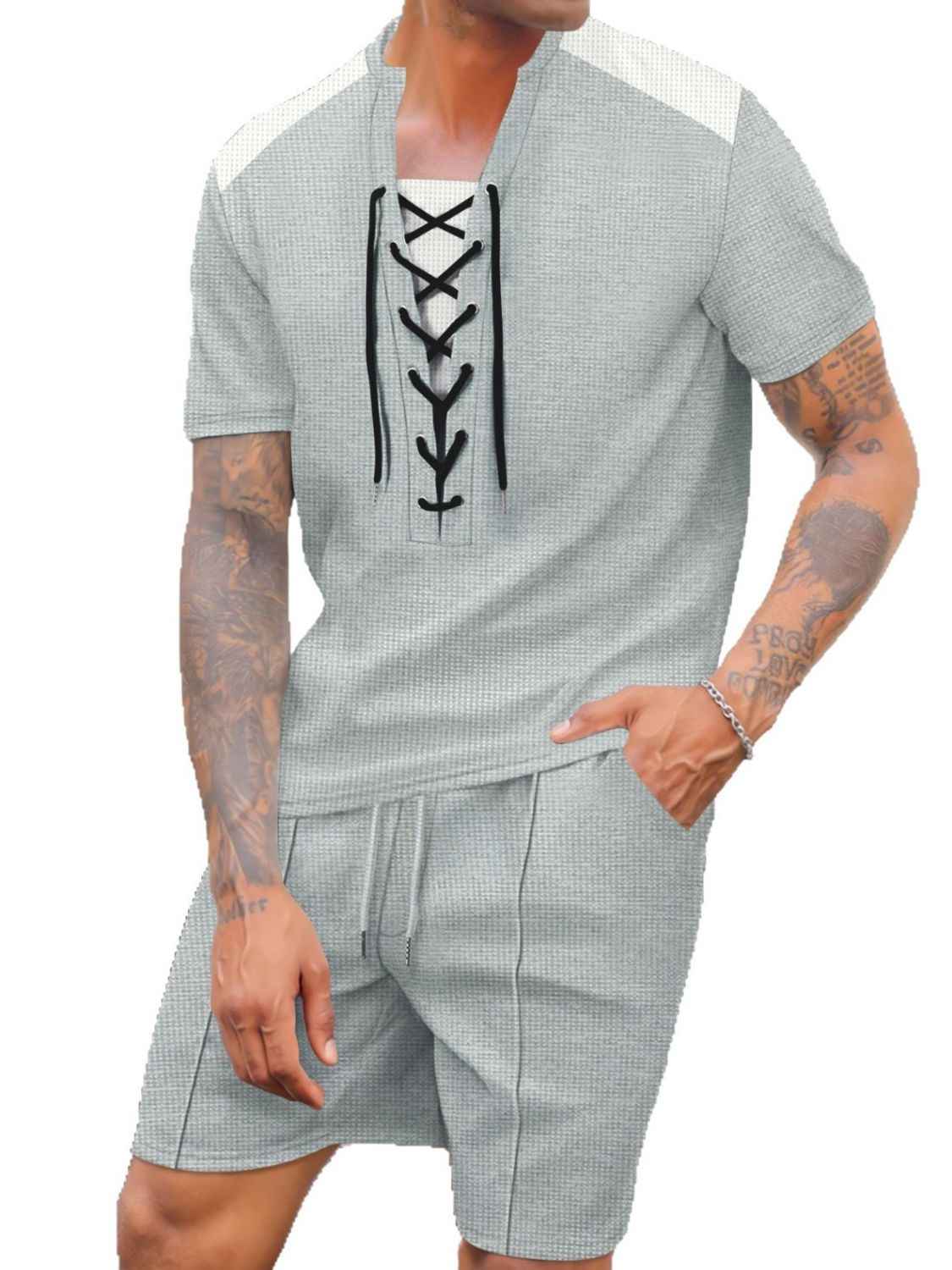 Men's Full Size Lace-Up Waffle Knit Top and Shorts Set Plus Size - Damned Threads