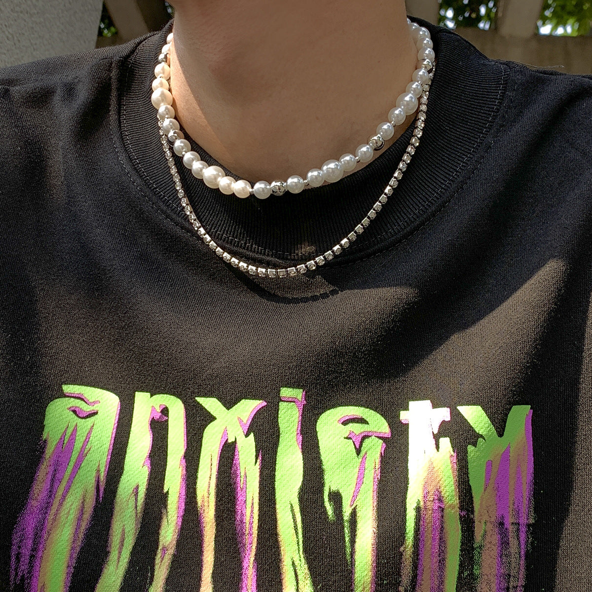 Double-Layered Pearl & Rhinestone Chain Necklace - Damned Threads