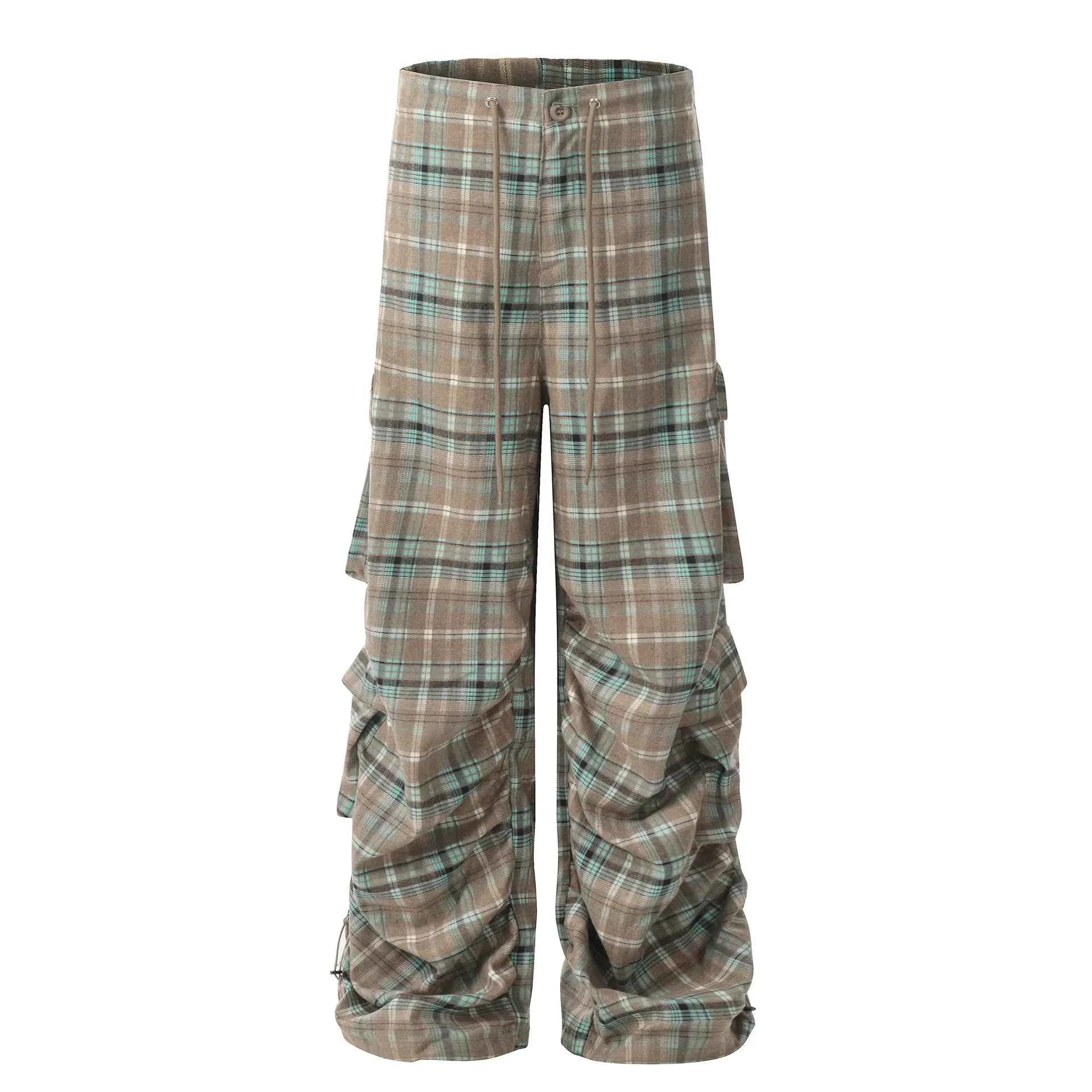Men's Plaid Ruched Wide Leg Pants
