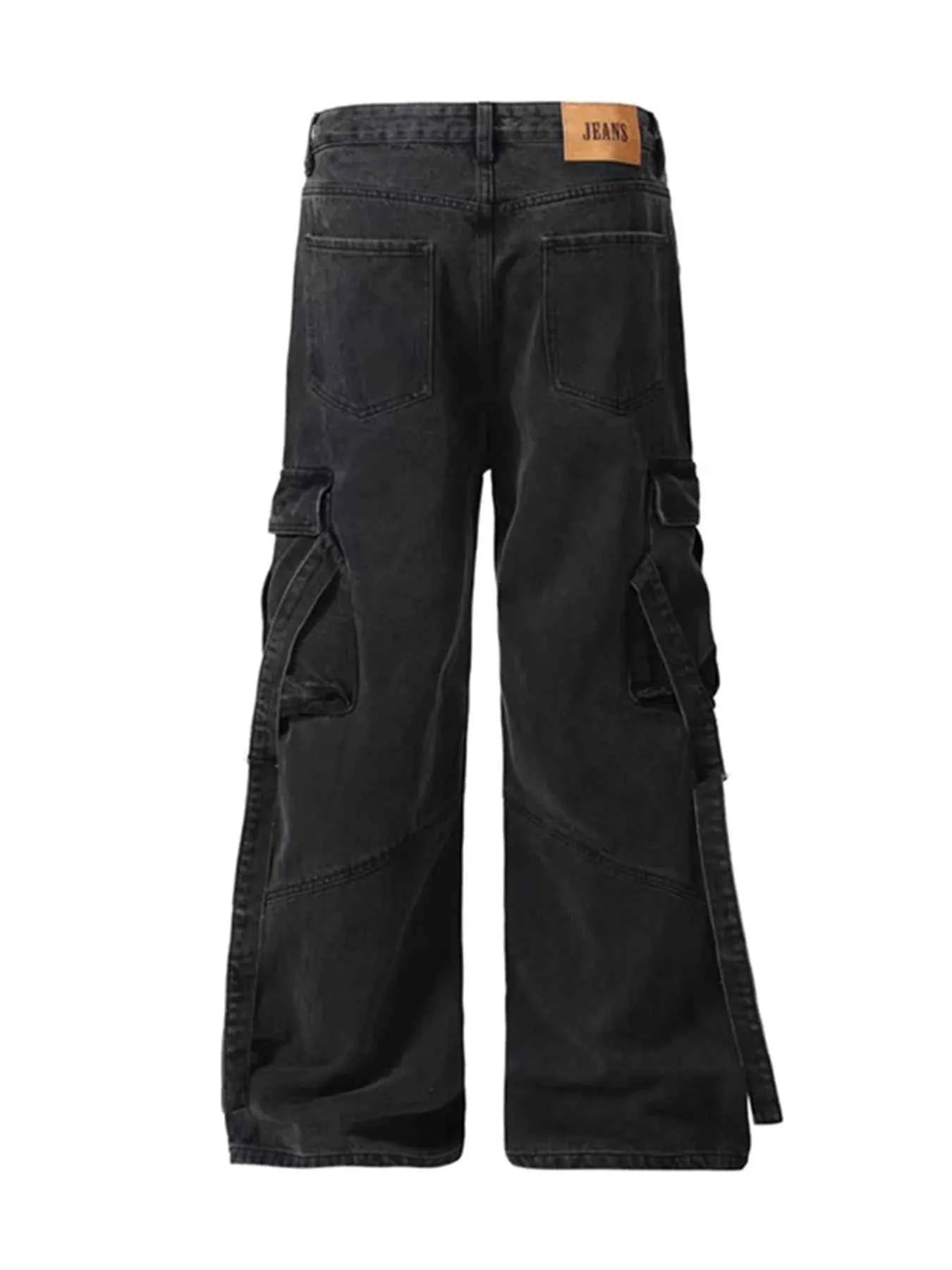 Men's Cargo Wide Leg Jeans with Multiple Pockets