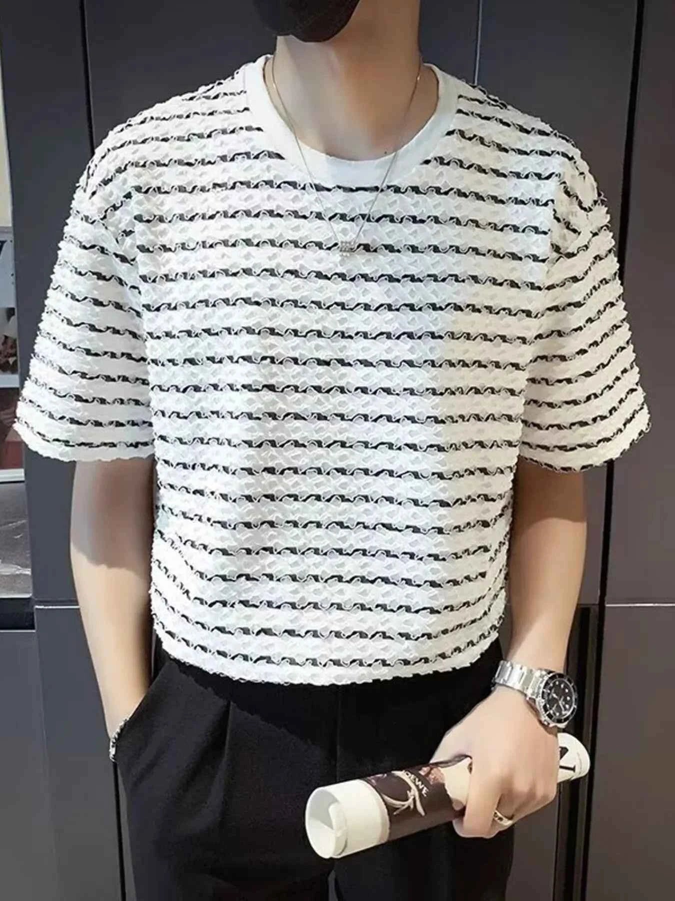Men's Plus Size Casual Striped Wave Pattern Short Sleeve T-Shirt