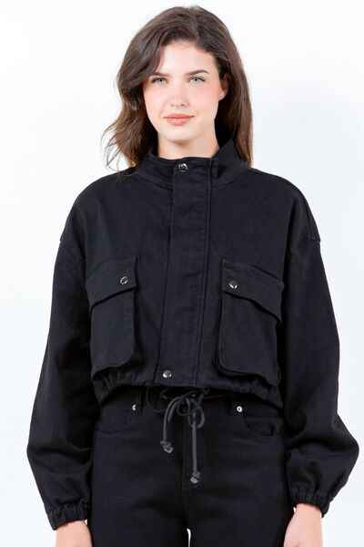 American Bazi Full Size Drawstring Hem Cargo Pocket Cropped Worker Jacket Plus Size - Damned Threads