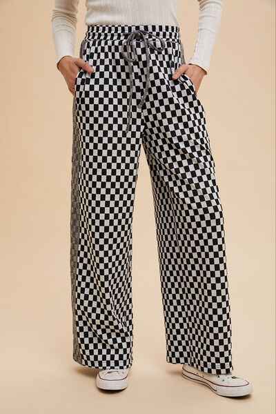 Annie Wear Drawstring Checkered Wide Leg Pants - Damned Threads