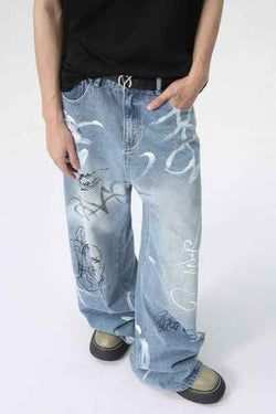 Mid Rise Graffiti Print Distressed Wide Leg Jeans - Damned Threads