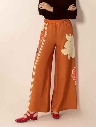 Printed Elastic Waist Wide Leg Pants - Damned Threads