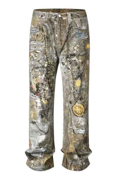Men's Wide Straight Printed Jeans with Pockets - Damned Threads