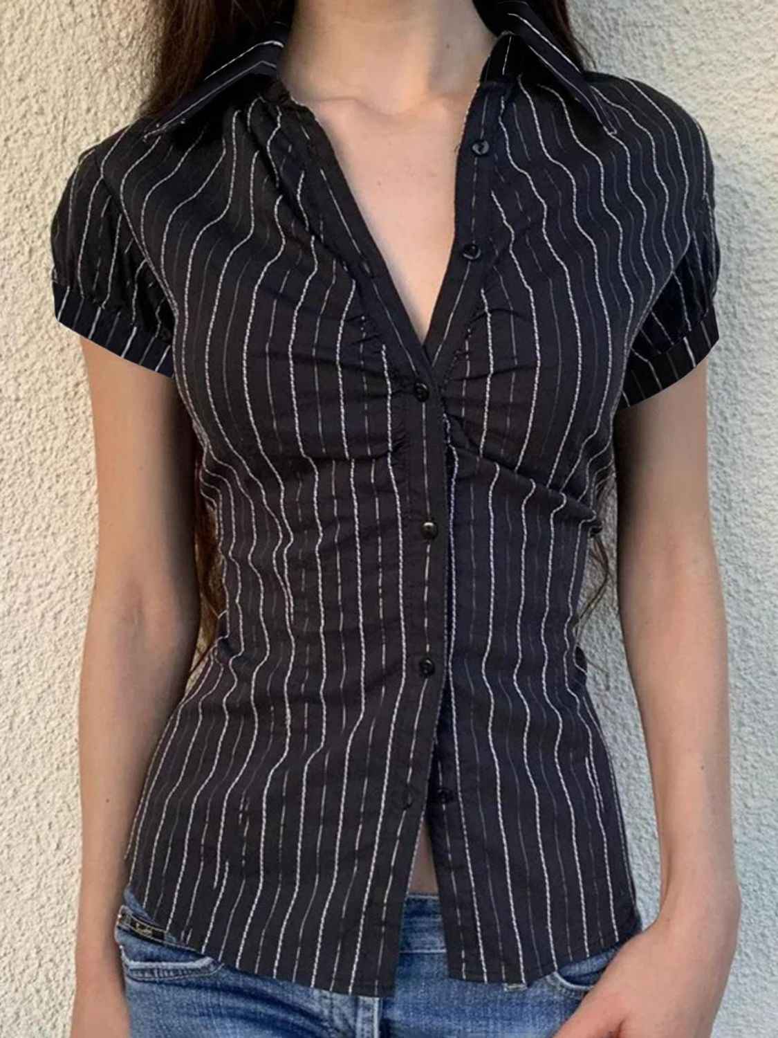Devine Button Down Striped Collared Neck Short Sleeve Shirt - Damned Threads