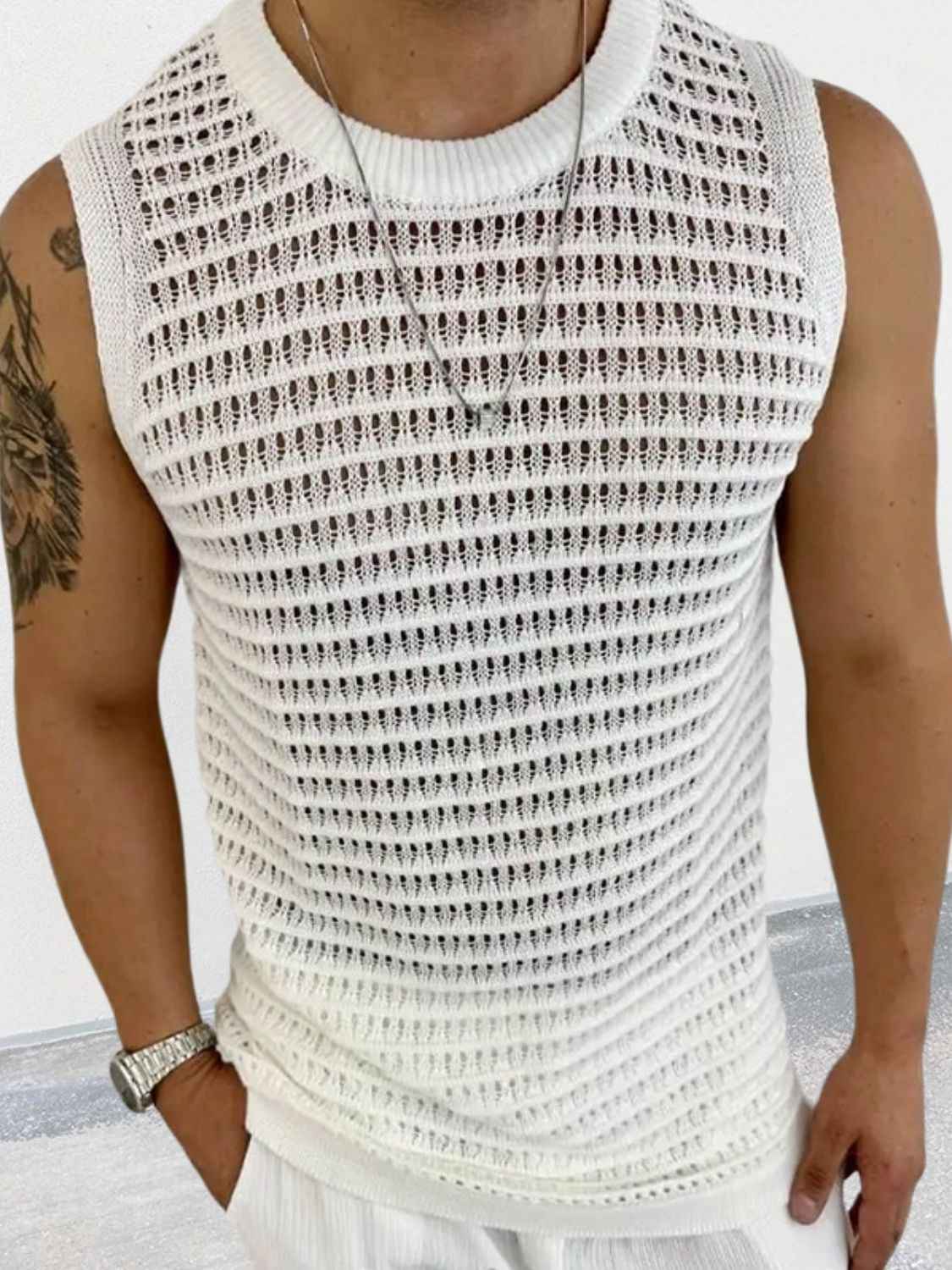 Men's Round Neck Hollow Out Sleeveless Knit Top - Damned Threads